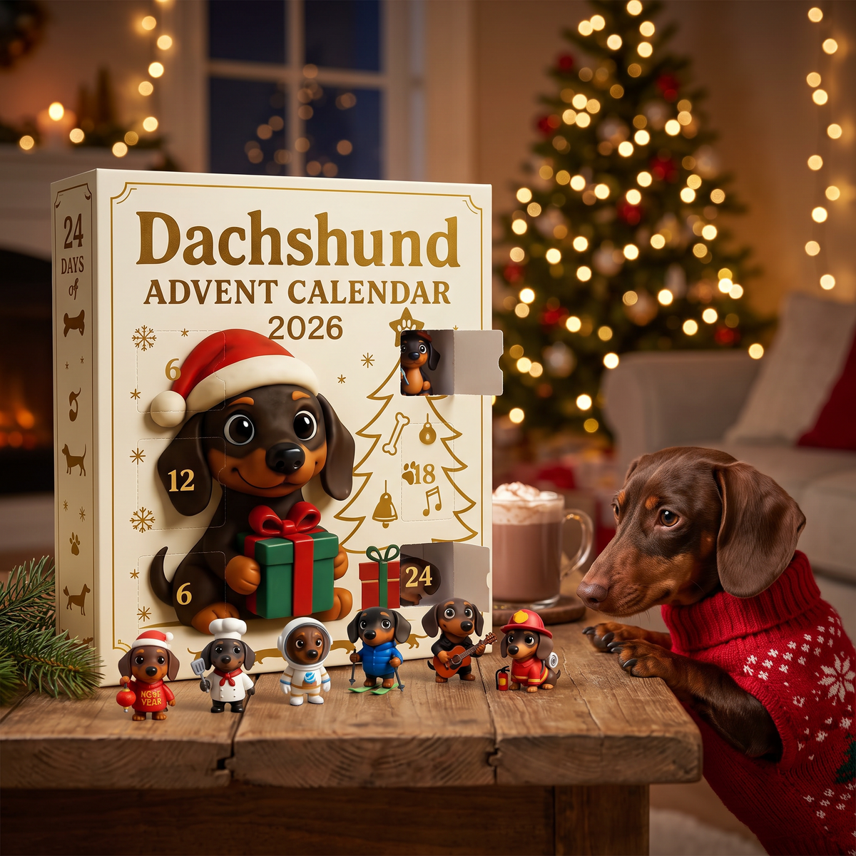 Dachshund advent calendar on a coffee table with costumed doxie minis and a real dachshund