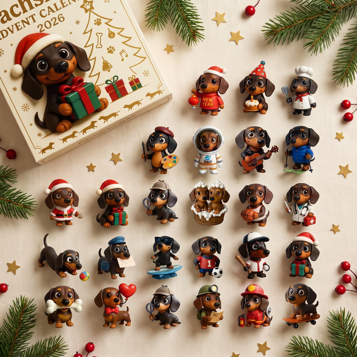 Collection of mini dachshund figurines in costumes from the 2026 doxie advent calendar