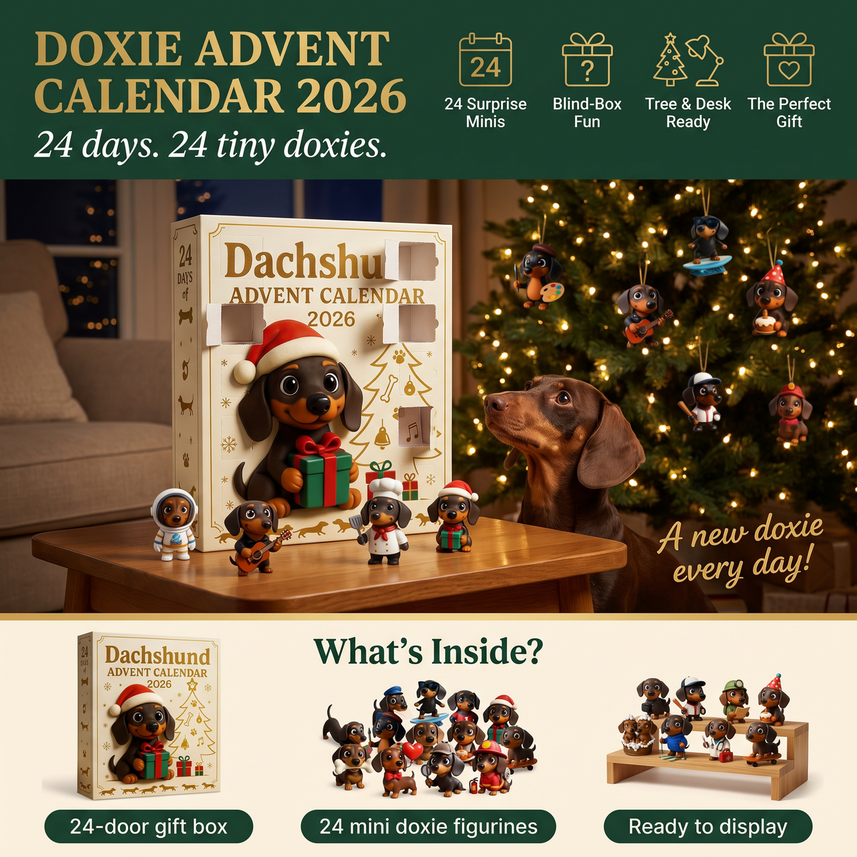 Doxie Advent Calendar 2026 with 24 mini dachshund figurines - what's inside
