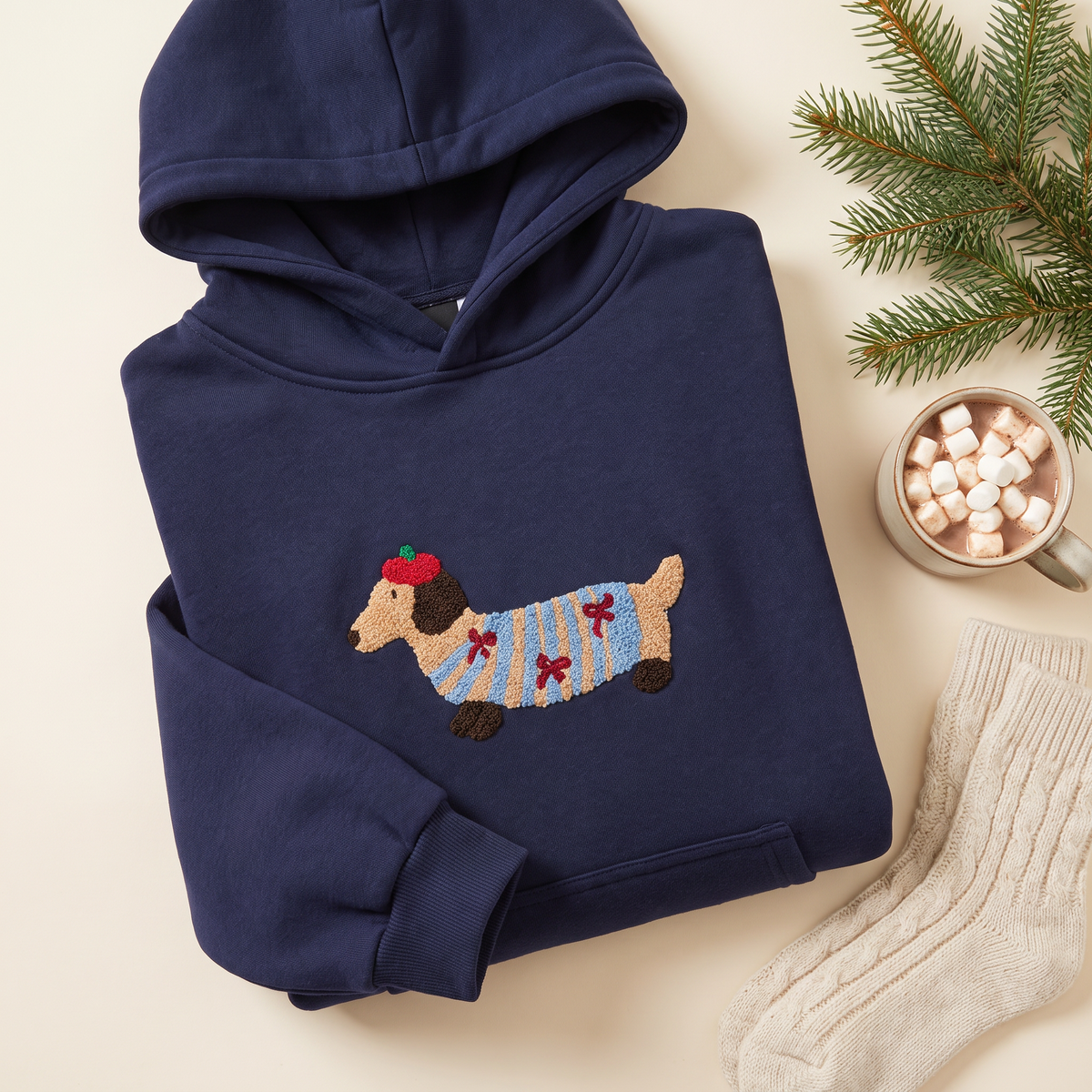 Comfy navy doxie hoodie with fuzzy embroidered dachshund