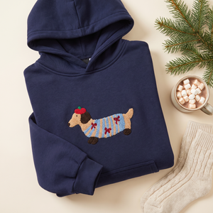Comfy navy doxie hoodie with fuzzy embroidered dachshund