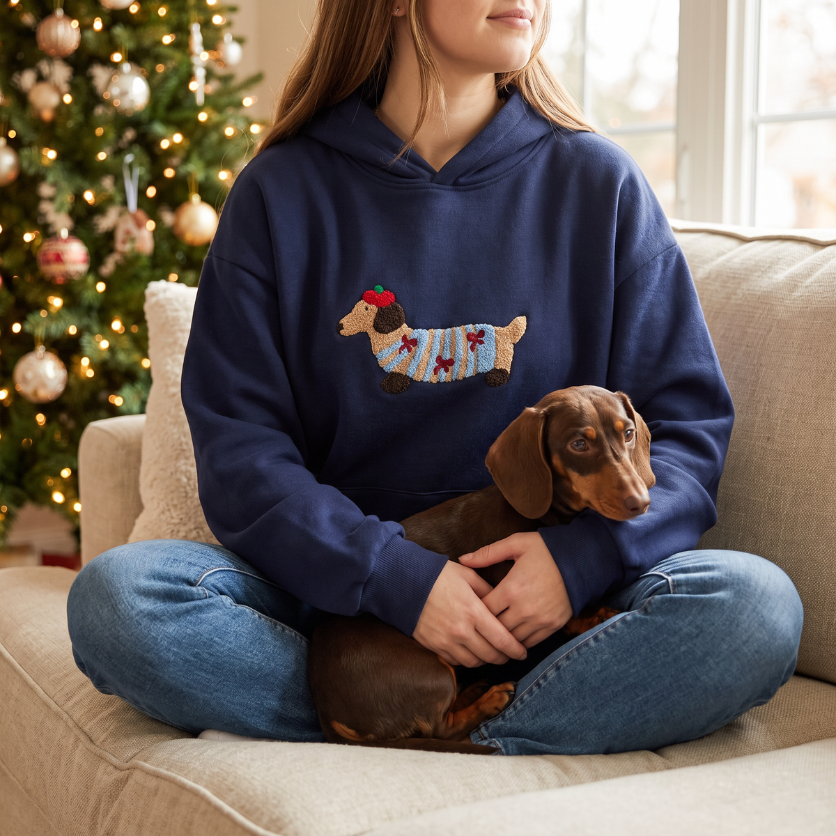 Wearing the comfy doxie hoodie with a dachshund on the sofa