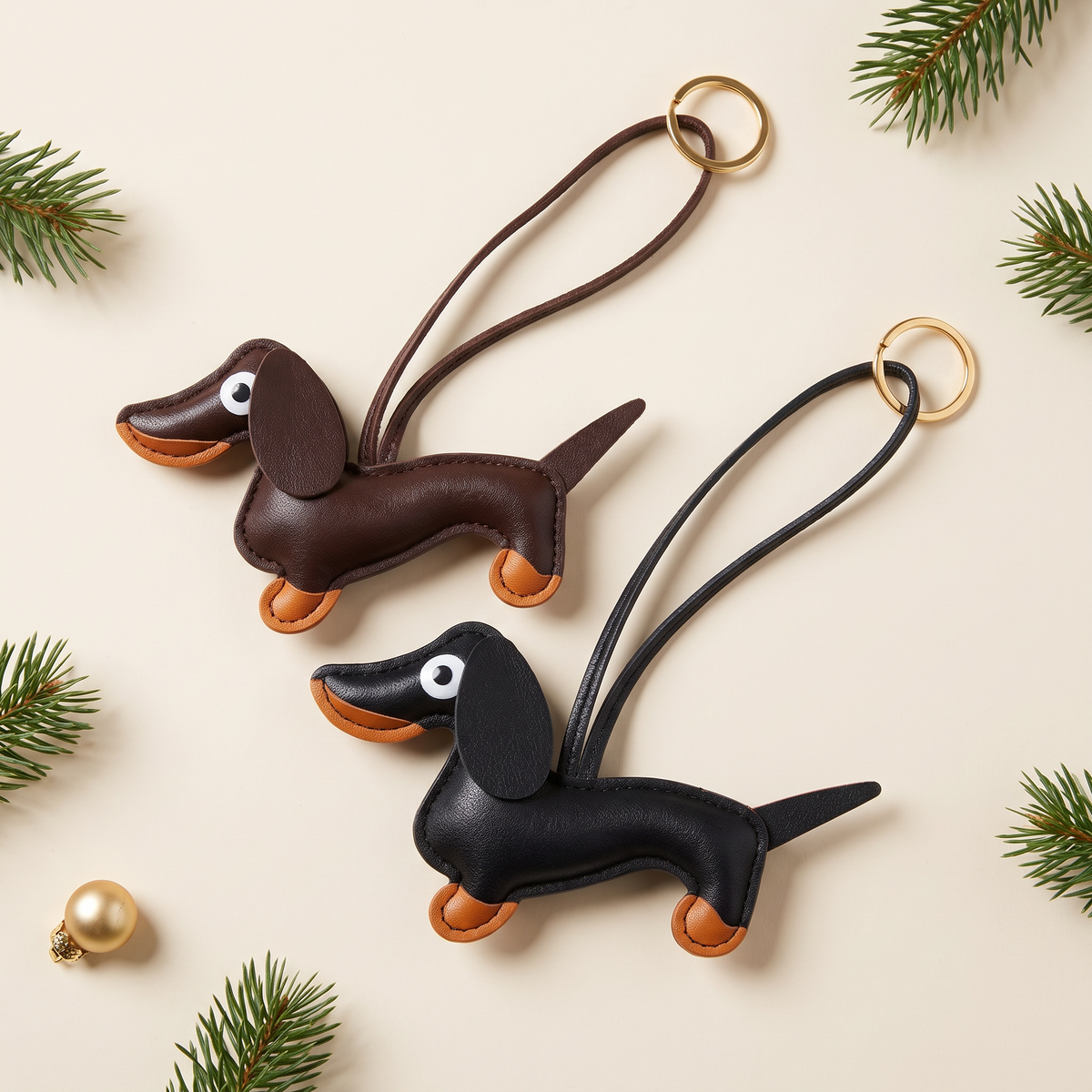 Hand-finished doxie bag charm in dark brown and black