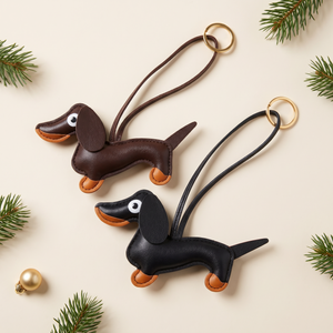 Hand-finished doxie bag charm in dark brown and black