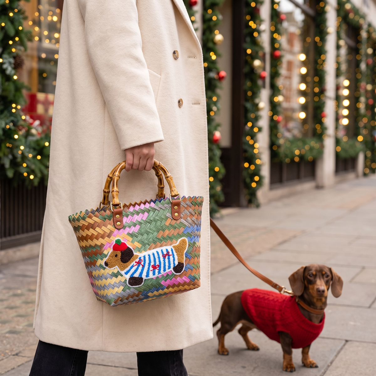 Carrying the woven doxie basket bag on a festive street walk
