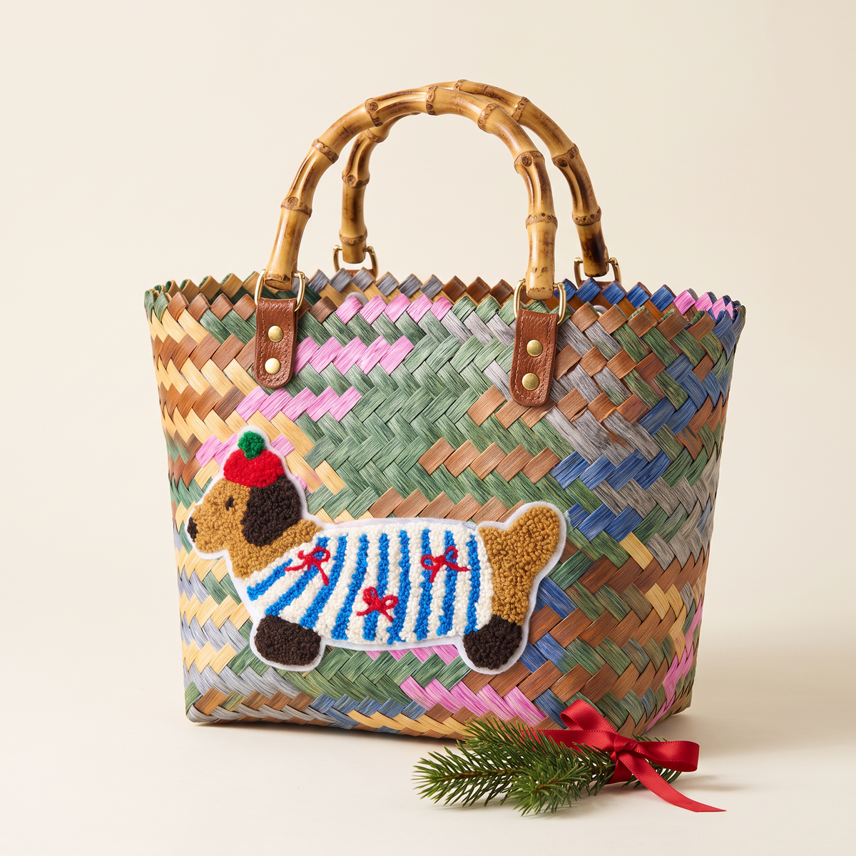Woven doxie basket bag with bamboo handles