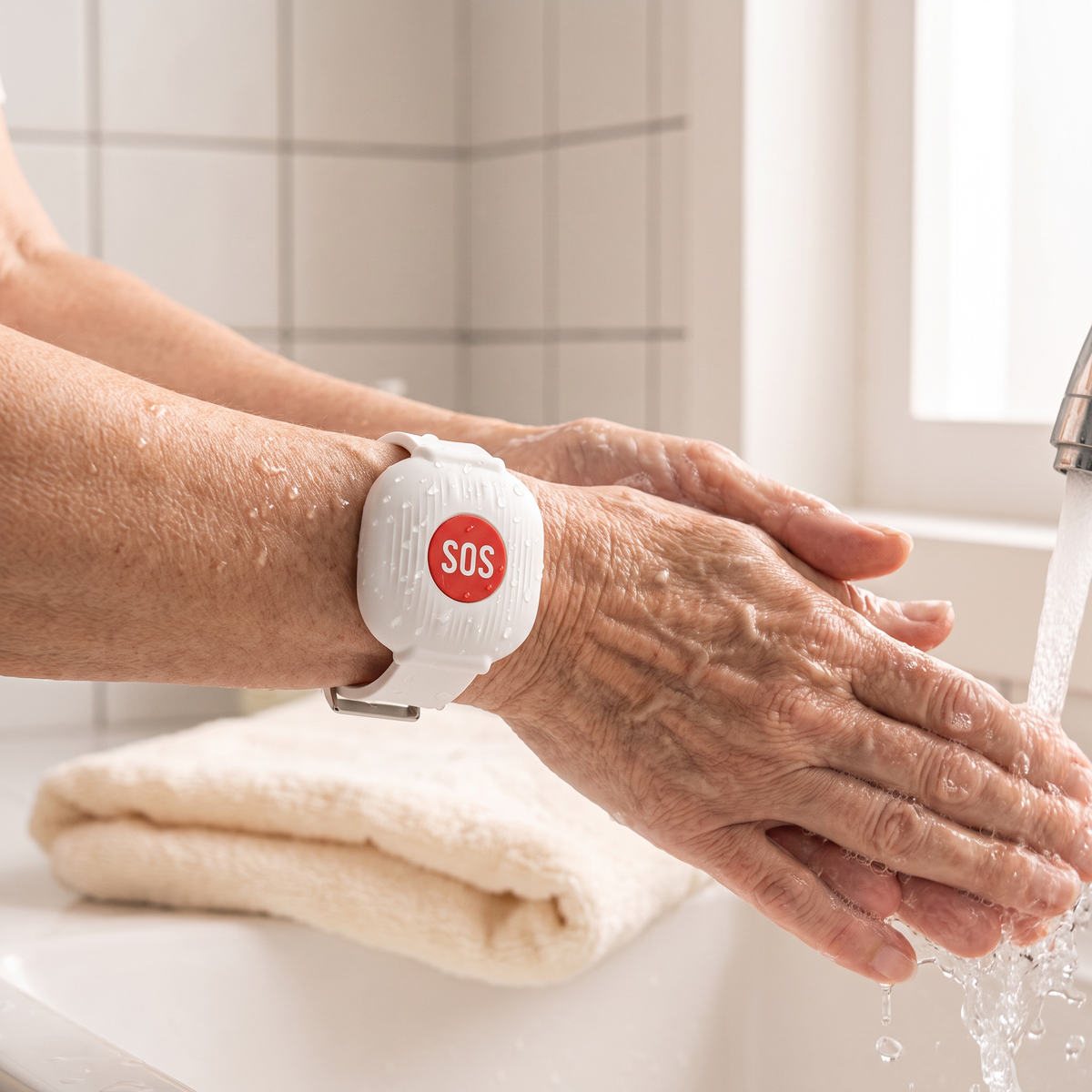 Splash-resistant Tap SoS wristband while washing hands
