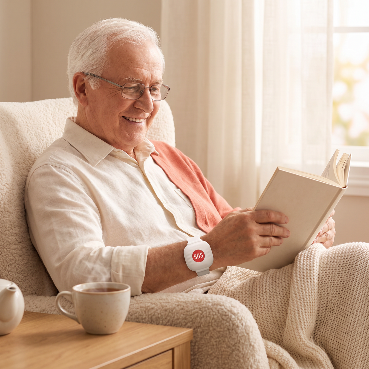Senior man reading at home wearing the Tap SoS alert wristband