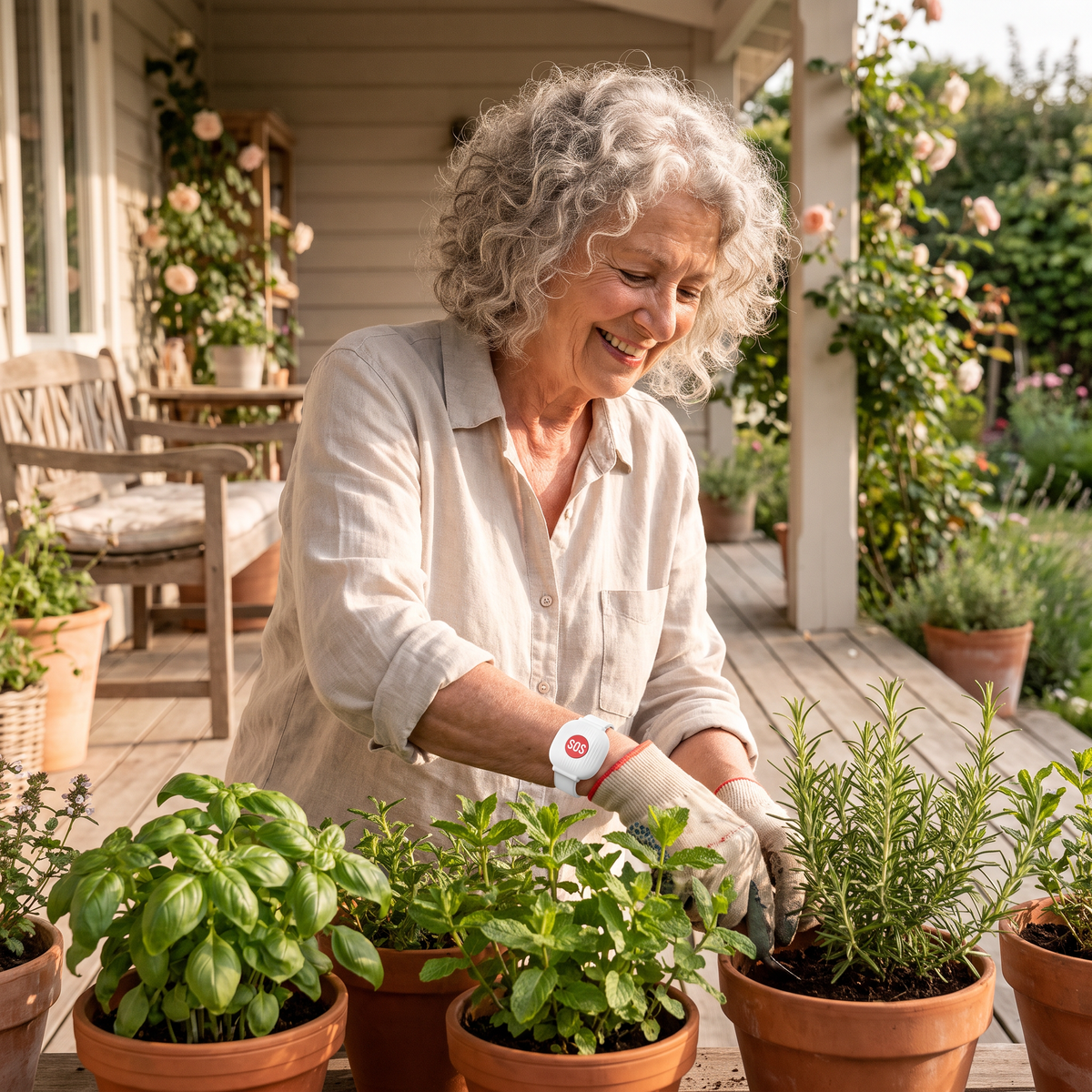 Senior woman gardening on her porch wearing the Tap SoS wristband